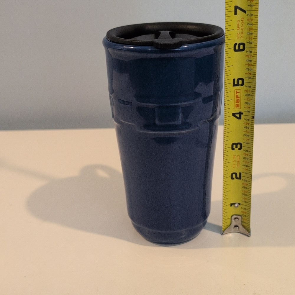 Longaberger Ceramic Woven Traditions Cornflower Blue Travel Mug With Lid - Picture 15 of 16